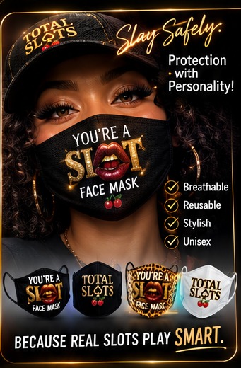 Model wearing the You're a Slot face mask