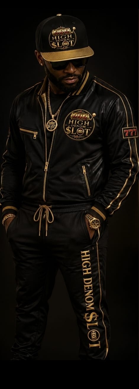 Model wearing the High Denom Slot tracksuit and cap