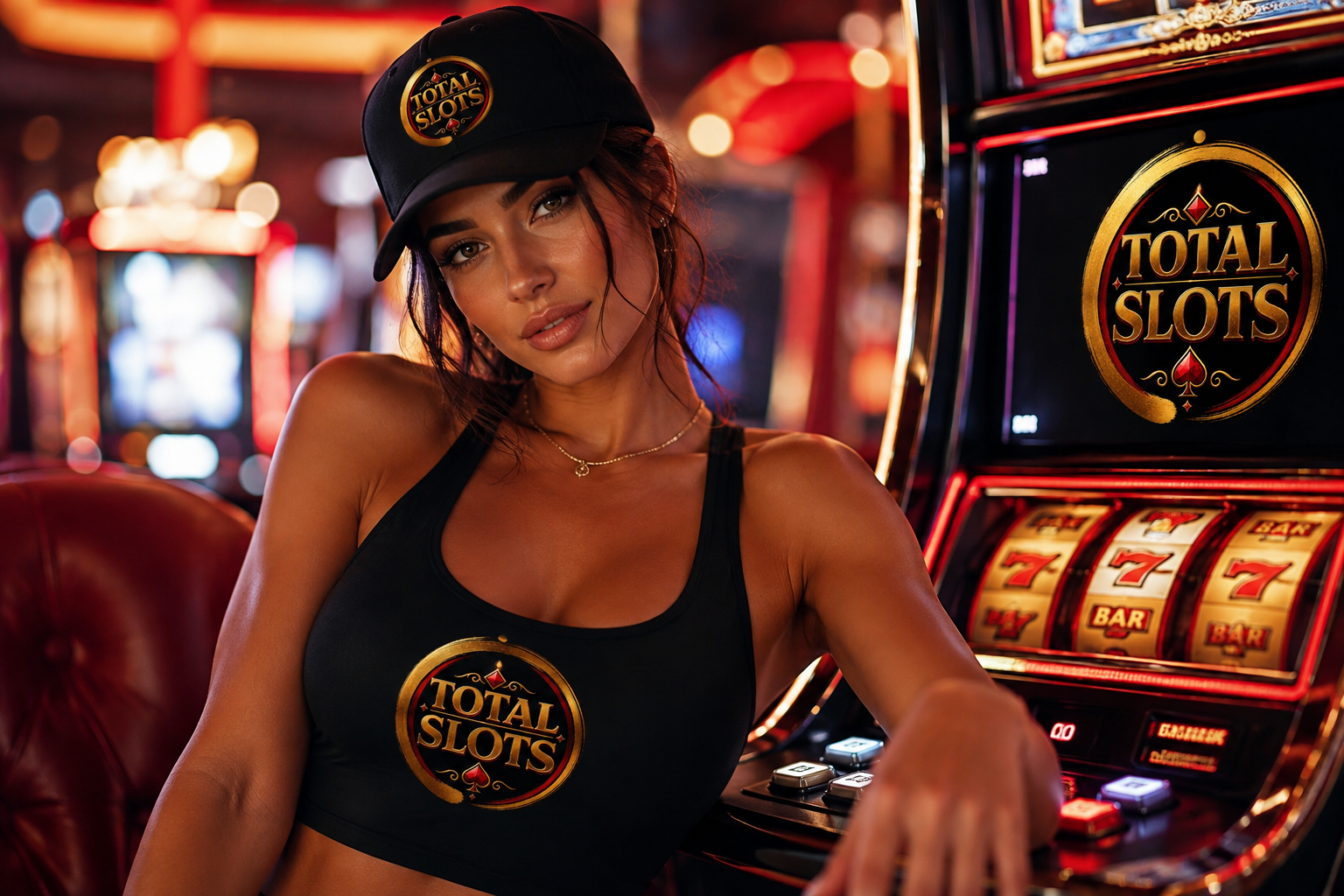 Model wearing the Total Slots signature tank top and cap at a slot machine